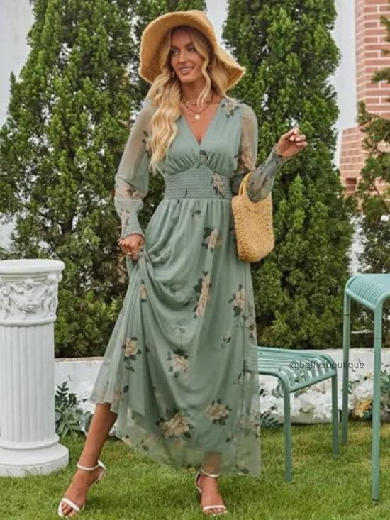 Floral Maxi Dress V Neck Puff Sleeve Long Sleeve Tulle Wedding Guest - Picture 5 of 7